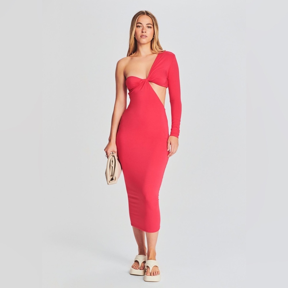 SEROYA One Sleeve Cut Out Midi Dress Coral Pink NEW